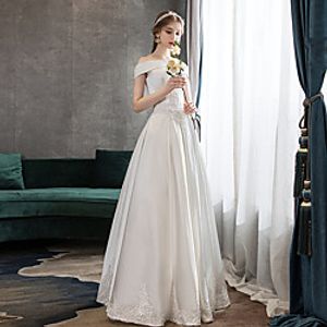 Princess A-Line Wedding Dresses Off Shoulder Floor Length Lace Satin Short Sleeve Formal Romantic with Pleats Appliques 2021 miniinthebox