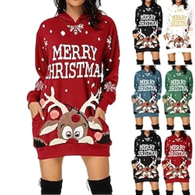 Women's Casual Dress Hoodie Dress Mini Dress Fashion Daily Outdoor Christmas Vacation V Neck Pocket Christmas Bell Regular Fit Black White Red S M L XL XXL Lightinthebox