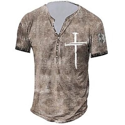 Men's Henley Shirt T shirt Tee Tee Graphic Templar Cross Cross Henley Green Black Light Brown Dark Gray Brown 3D Print Plus Size Outdoor Daily Short Sleeve Button-Down Print Clothing Apparel Basic Lightinthebox