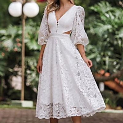 Women's A Line Dress Midi Dress Green Blue White Half Sleeve Pure Color Lace Spring Summer V Neck Stylish Casual Modern Puff Sleeve 2022 S M L XL miniinthebox Women's A Line Dress Midi Dress Green Blue White Half Sleeve Pure Color Lace Spring Summer V Neck Stylish Casual Modern Puff Sleeve 2022 S M L XL miniinthebox