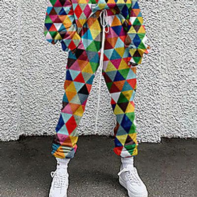 Women's Basic Soft Comfort Going out Gym Sweatpants Pants Geometric Pattern Color Block Full Length Elastic Drawstring Design Print Blue Purple Green Lightinthebox