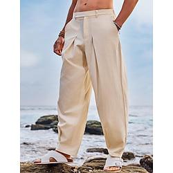 Men's Linen Pants Trousers Summer Pants Tapered Carrot Pants Beach Pants Pocket Pleats Solid Color Comfort Breathable Full Length Daily Holiday Fashion Streetwear White Khaki Inelastic Lightinthebox