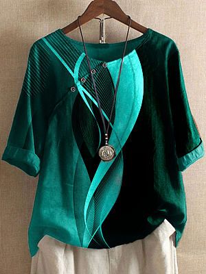 Round Neck Casual Loose Line Printed Short-sleeved Blouse