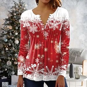 Women's Blouse Shirt Green Blue Light Green Snowflake Button Print 34 Length Sleeve Christmas Weekend Streetwear Casual Round Neck Regular S Lightinthebox