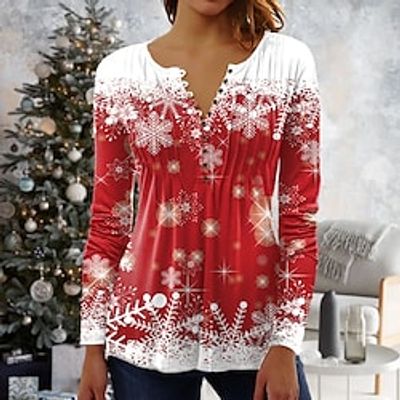 Women's Blouse Shirt Green Blue Light Green Snowflake Button Print 34 Length Sleeve Christmas Weekend Streetwear Casual Round Neck Regular S Lightinthebox