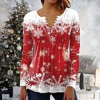 Women's Blouse Shirt Green Blue Light Green Snowflake Button Print 34 Length Sleeve Christmas Weekend Streetwear Casual Round Neck Regular S Lightinthebox - thumbnail