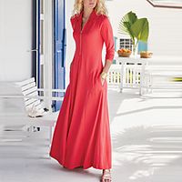 Women's Swing Dress Maxi long Dress Blue Purple Black Red 3/4 Length Sleeve Solid Color Zipper Fall Shirt Collar Casual 2021 S M L XL XXL 3XL miniinthebox - thumbnail