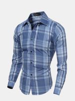Spring Mens Checks Pattern Slim Fit Turndown Collar Long Sleeved Dress Shirts