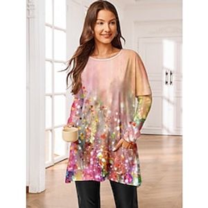 Women's T shirt Tee Floral Daily Weekend Pink Purple Print Pocket Long Sleeve Fashion Round Neck Regular Fit Spring   Fall Lightinthebox