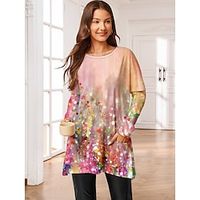 Women's T shirt Tee Floral Daily Weekend Pink Purple Print Pocket Long Sleeve Fashion Round Neck Regular Fit Spring   Fall Lightinthebox - thumbnail