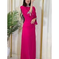 Sheath  Column Evening Gown Elegant Dress Formal Ankle Length Christmas Red Green Dress Long Sleeve Jewel Neck Stretch Chiffon with Ruched Crystals Slit 2023 Lightinthebox - thumbnail