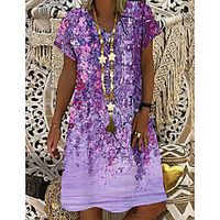 Women's T Shirt Dress Tee Dress Knee Length Dress Purple Short Sleeve Floral Print Print Spring Summer V Neck Casual 2021 S M L XL XXL 3XL Lightinthebox - thumbnail