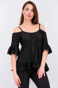 Womens Ruffled Eyelet Cold-Shoulder Top  Black