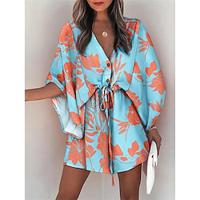 Women's Casual Dress Leaf Drawstring Print V Neck Mini Dress Hawaiian Stylish Daily Vacation 3/4 Length Sleeve Summer Lightinthebox