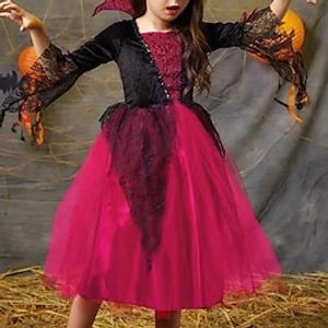 Kids Girls' Halloween Dress Color Block A Line Dress Asymmetrical Dress Party Lace Cotton 34 Length Sleeve Gothic Dress 2-8 Years Spring Red Lightinthebox