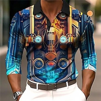 Machine Abstract Men's 3D Print Golf Polo Outdoor Casual Daily Streetwear Polyester Long Sleeve Turndown Polo Shirts Black Blue Fall  Winter S M L Micro-elastic Lapel Polo Lightinthebox