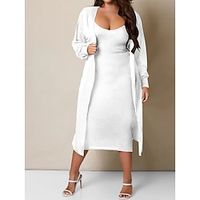 Women's Two Piece Dress Set Black Dress Casual Dress Skirt Set Home Daily Fashion Streetwear Ribbed Midi Dress Crew Neck Long Sleeve Plain Slim White Wine S M L XL XXL Lightinthebox - thumbnail