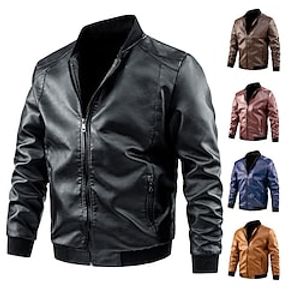 Men's Faux Leather Jacket Durable Casual / Daily Daily Wear Vacation To-Go Zipper Standing Collar Comfort Leisure Jacket Outerwear Solid / Plain Color Pocket Dark Brown Yellow Burgundy / Spring miniinthebox