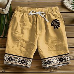 Men's Shorts Summer Shorts Beach Shorts Drawstring Elastic Waist 3D Print Geometric Graphic Prints Breathable Soft Short Casual Daily Holiday Designer Ethnic Style Dark Khaki Yellow Micro-elastic Lightinthebox