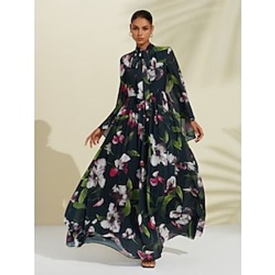 Women's Print Dress Maxi long Dress Black Long Sleeve Floral Print Tie Front Spring Summer Lace Up Neck Elegant Dress S M L Lightinthebox
