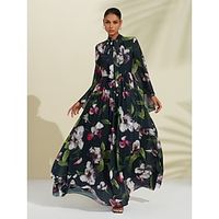 Women's Print Dress Maxi long Dress Black Long Sleeve Floral Print Tie Front Spring Summer Lace Up Neck Elegant Dress S M L Lightinthebox