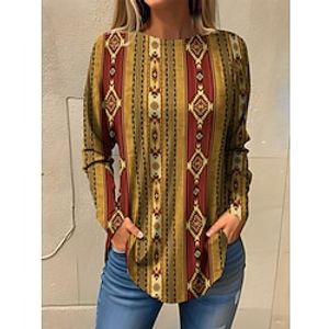 Women's T shirt Tee Tribal Maroon Black Yellow Print Long Sleeve Daily Weekend Ethnic Round Neck Regular Fit Spring   Fall Lightinthebox