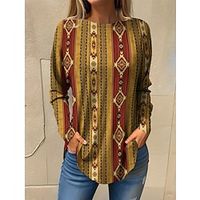 Women's T shirt Tee Tribal Maroon Black Yellow Print Long Sleeve Daily Weekend Ethnic Round Neck Regular Fit Spring   Fall Lightinthebox - thumbnail