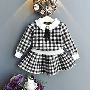 2 Pieces Kids Girls' SkirtSet Clothing Set Outfit Plaid Long Sleeve Cotton Set Vacation Cute Daily Winter Fall 2-6 Years Black Red Lightinthebox