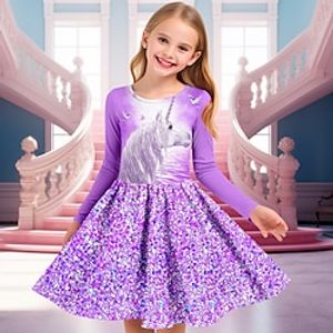 Carnival Girls' 3D Unicorn Dress Pink Long Sleeve 3D Print Spring Fall Sports  Outdoor Daily Holiday Cute Casual Beautiful Kids 3-12 Years Casual Dress A Line Dress Above Knee Polyester Lightinthebox