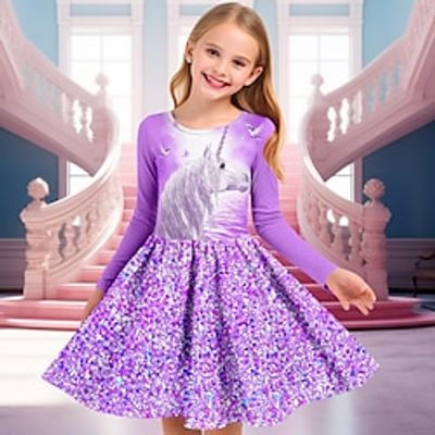 Carnival Girls' 3D Unicorn Dress Pink Long Sleeve 3D Print Spring Fall Sports  Outdoor Daily Holiday Cute Casual Beautiful Kids 3-12 Years Casual Dress A Line Dress Above Knee Polyester Lightinthebox