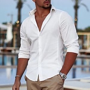 Men's Shirt Linen Shirt Button Up Shirt Beach Shirt White Long Sleeve Plain Lapel Spring   Fall Casual Daily Clothing Apparel Lightinthebox