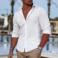 Men's Shirt Linen Shirt Button Up Shirt Beach Shirt White Long Sleeve Plain Lapel Spring   Fall Casual Daily Clothing Apparel Lightinthebox - thumbnail
