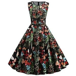 Audrey Hepburn Retro Vintage 1950s Cocktail Dress Mexican A-Line Dress Floral Dress Women's Costume Vintage Cosplay Cinco de Mayo Fiesta Sleeveless Dress Carnival miniinthebox