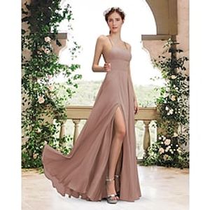 A-Line Bridesmaid Dress Square Neck  Spaghetti Strap Sleeveless Elegant Floor Length Chiffon with Pleats  Split Front 2022 Lightinthebox