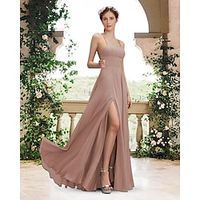 A-Line Bridesmaid Dress Square Neck  Spaghetti Strap Sleeveless Elegant Floor Length Chiffon with Pleats  Split Front 2022 Lightinthebox - thumbnail