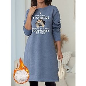 Women's Sweatshirt Dress Mini Dress Sherpa Fleece Lined Warm Outdoor Vacation Going out Crewneck Print Cat Letter Regular Fit Black Pink Blue S M L XL XXL Lightinthebox