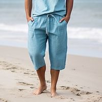 Men's Shorts Linen Shorts Summer Shorts Capri Pants Drawstring Elastic Waist Straight Leg Plain Comfort Breathable Calf-Length Casual Daily Holiday Linen Cotton Blend Fashion Classic Style Light Blue miniinthebox