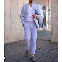 Light Blue Men's Beach Wedding Linen Suits Solid Colored 2 Piece Fashion Casual Tailored Fit Single Breasted Two-buttons 2023 miniinthebox