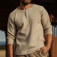 Men's T shirt Tee Waffle Henley Shirt Henley Shirt Tee Top Long Sleeve Shirt Plain Henley Street Vacation Long Sleeve Clothing Apparel Fashion Designer Basic Lightinthebox - thumbnail