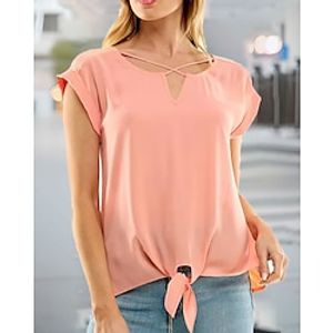Women's T shirt Tee Pink Plain Short Sleeve Daily Weekend Basic V Neck Regular S miniinthebox
