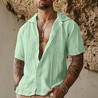 Men's Shirt Linen Shirt Summer Shirt Beach Shirt Summer Hawaiian Shirt White Blue Green Short Sleeve Solid Color Fold-over Collar Spring Summer Street Daily Clothing Apparel Patchwork Lightinthebox