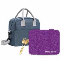 Eazy Kids 6 & 4 Convertible Bento Lunch Box With Lunch Bag And Spoon Fork Set - Glitter Purple