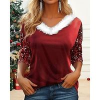 Women's Blouse Christmas Shirt Velvet Red Sparkly Sequins Long Sleeve Party Christmas Casual Festival  Holiday Fur Collar Regular Fit Fall  Winter Lightinthebox - thumbnail
