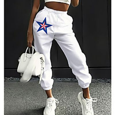 Women's Fashion Casual  Sporty Comfort Weekend Independence Day Sweatpants Pants Geometry Star National Flag Full Length Pocket Print White Black Gray Lightinthebox