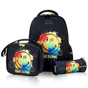 Eazy Kids 17 Inch Set Of 3 School Bag With Lunch Bag And Pencil Case Awesome - Black