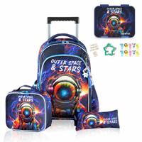 Eazy Kids 18Inch Set Of 4 Trolley School Bag With Bento Lunch Box Lunch Bag And Pencil Case - Outer Space Blue