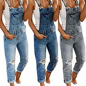 babisfly women's loose denim bib overall adjustable strap ripped leg distressed denim jumpsuit rompers overalls jeans (dark blue, s) Lightinthebox