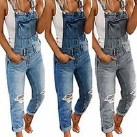 babisfly women's loose denim bib overall adjustable strap ripped leg distressed denim jumpsuit rompers overalls jeans (dark blue, s) Lightinthebox - thumbnail