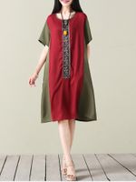 Vintage Patchwork Short Sleeve Pokcet Loose Women Dresses