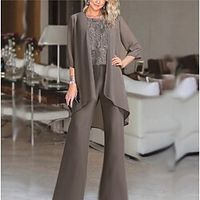 Women's Jumpsuit Lace Solid Color Round Neck Elegant Wedding Party Straight Regular Fit 34 Length Sleeve Brown S M L Spring Lightinthebox - thumbnail